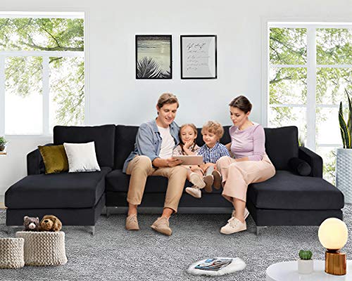 Harper&Bright Designs Sectional Sofa Set, Living Room Furniture Sofa Set, Modern Elegant Velvet Upholstered Couch with 2 Pillows (Black)