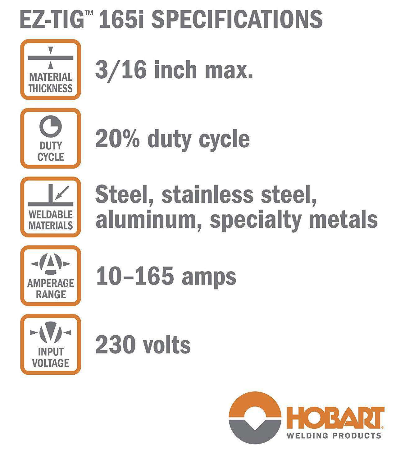 Hobart 500551 EZ-TIG 165I 230V AC/DC TIG Welder New