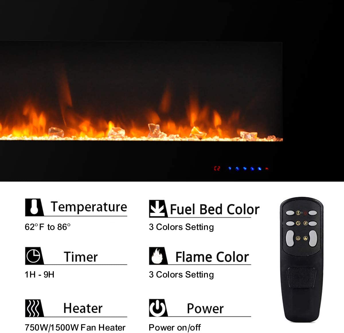 批量编辑标题Valuxhome WM60 60 in. 750/1500W Wall Mounted Log and Crystals Fireplace with Remote Black New