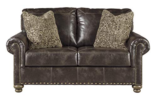 Signature Design by Ashley Nicorvo Vintagel Faux Leather Loveseat with Gold Nailhead Trim, Brown