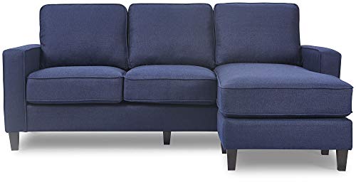 Serta Harmon Square Arm Reversible Sectional Sofa Living Room, Modern L-Shaped 3 Seat Fabric Couch, Dark Blue