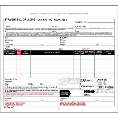 JJ Keller 3 Ply Straight Bill of Lading Form, Carbonless (Pack of 500)