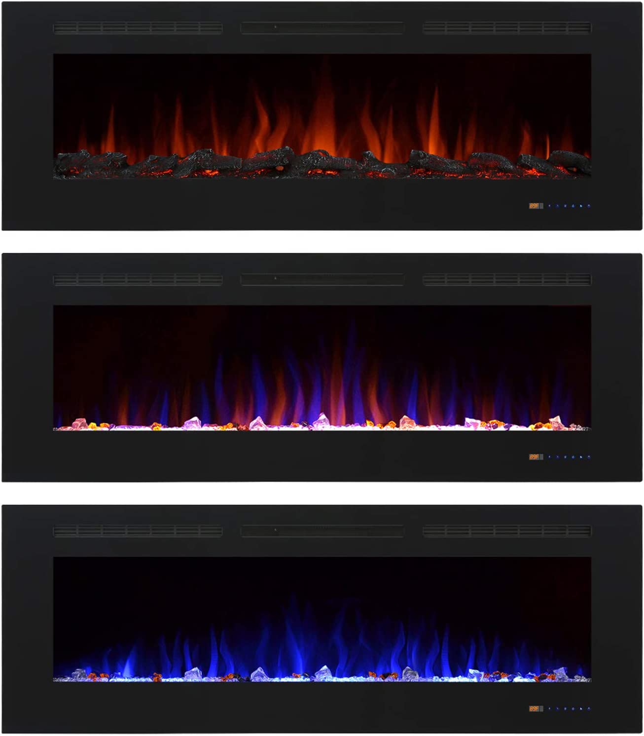 Valuxhome BI60 60 in. 750/1500W Recessed and Wall Mounted Electric Fireplace with Remote LED Lights Logs and Crystals Black New