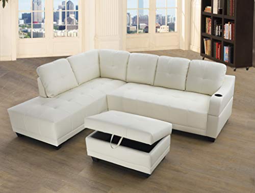LifeStyle Furniture Left Facing 3PC Sectional Sofa Set, L Shape Couch with Storage Ottoman, Faux Leather,White