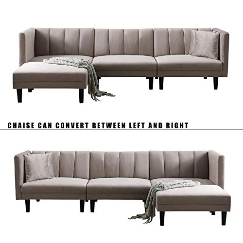 106'' Velvet Reversible Sectional Sofa Sleeper Sofa Bed with Plastic Legs(Light Grey)