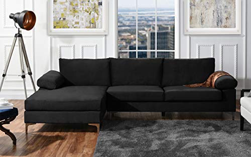 Casa Andrea Milano llc Modern Large Velvet Fabric Sectional Sofa, L-Shape Couch with Extra Wide Chaise Lounge, Jet Black