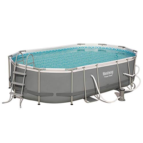 Bestway 56655E Power Steel 16ft x 10ft x 42in Outdoor Oval Frame Above Ground Swimming Pool Set with 1000 GPH Cartridge Filter Pump, Ladder, and Cover