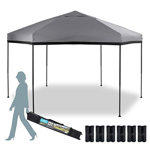 MFSTUDIO 12'x10' Hexagon Pop-Up Portable 6 Sided Gazebo,Instant Screened Canopies with Heavy Duty Roller Bag,Bonus 6 Canopy Sand Bags(112 Square Feet of Shade),Grey