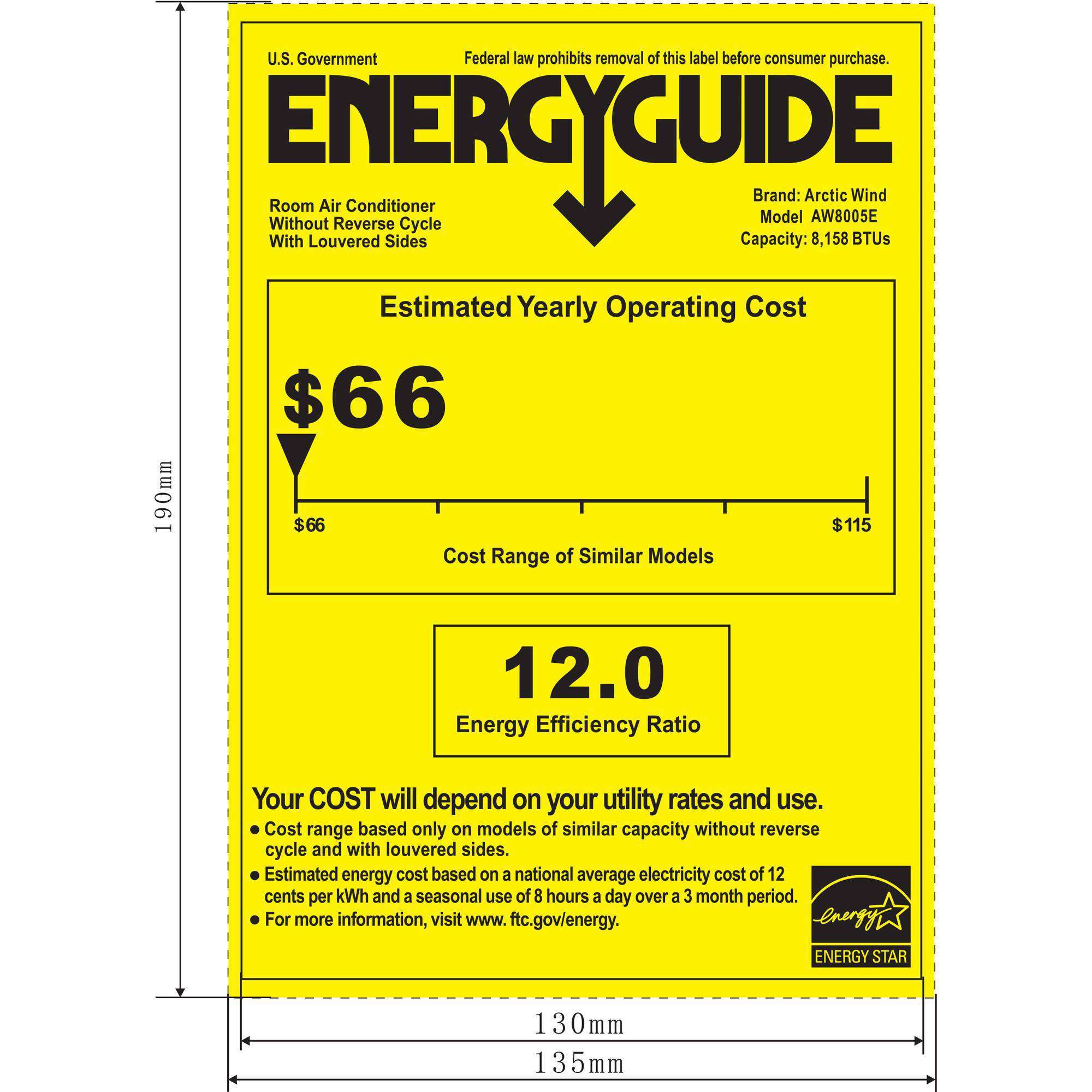 Arctic Wind AW8005E 8,000 BTU 12 EER Window Air Conditioner New