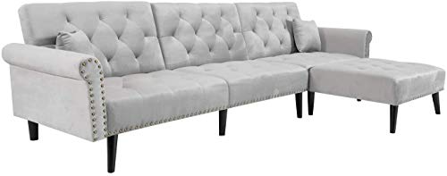 FCNEHLM L Shape Sectional Couch Reversible Chaise, Adjustable Back Convertible Sofa Bed Sleeper with 2 Pillows for Living Room Furniture, Light Grey Velvet