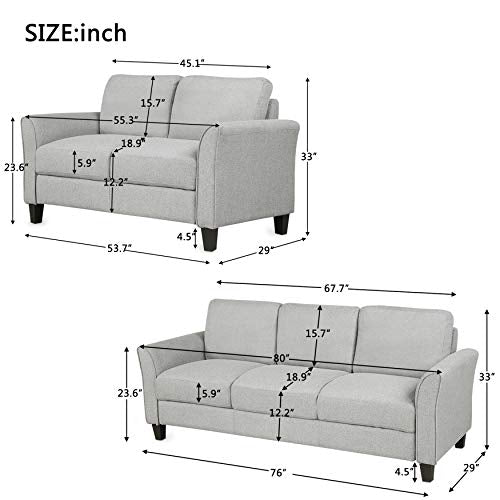 2 Piece Living Room Furniture Sets, Linen Fabric Sectional Couches for Living Room, Loveseat Sofa and 3-Seat Sofa