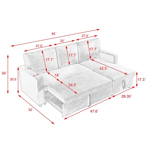 Tmosi Reversible Sleeper Sectional Sofa with Pull-Out Couch Sleeper, L Shaped Corner Sofas Bed with Storage Chaise, Living Room Furniture Set (Blue)
