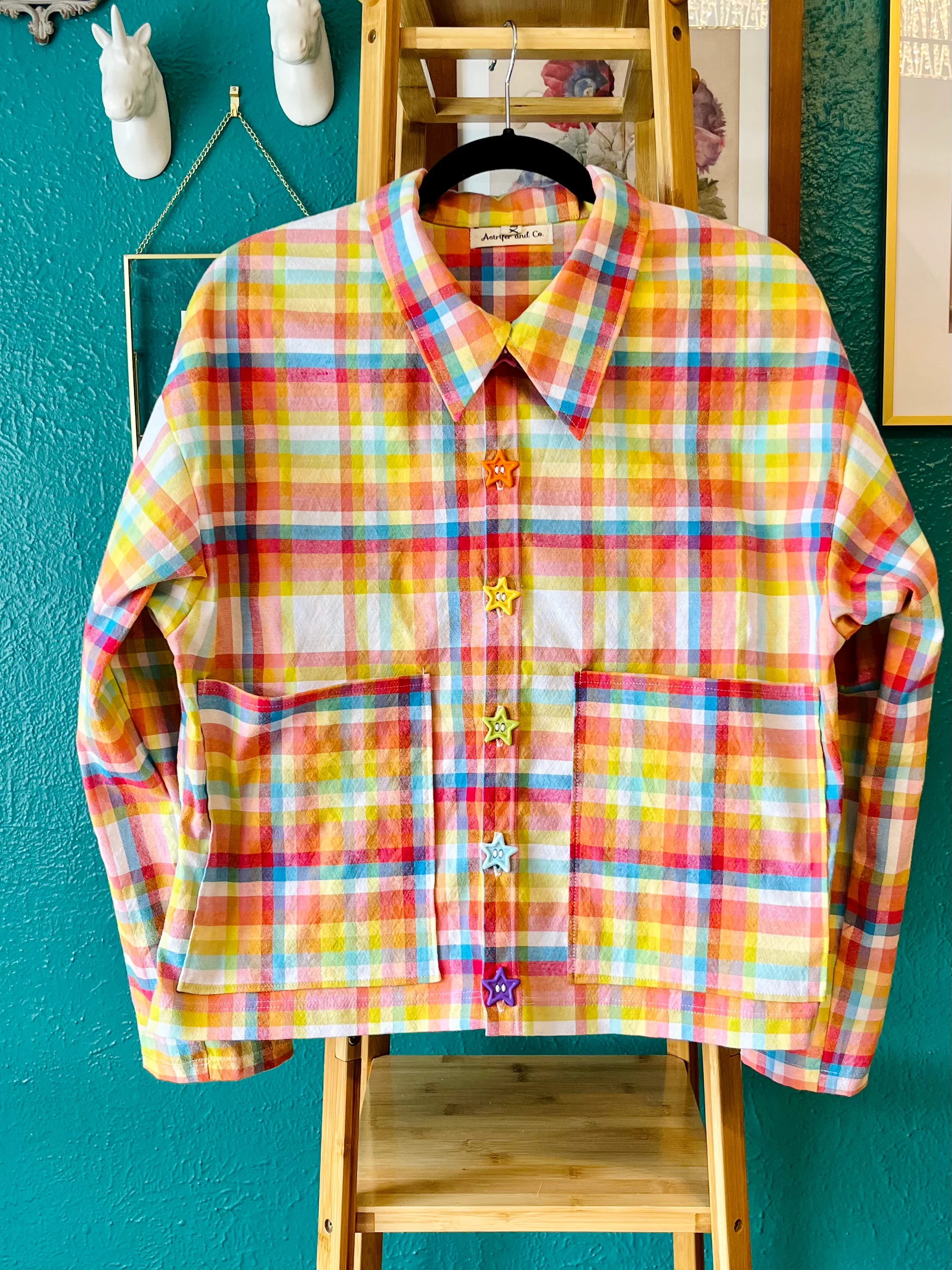 Tablecloth Jacket in Rainbow Plaid and Stars - (Size XL - Slouchy)