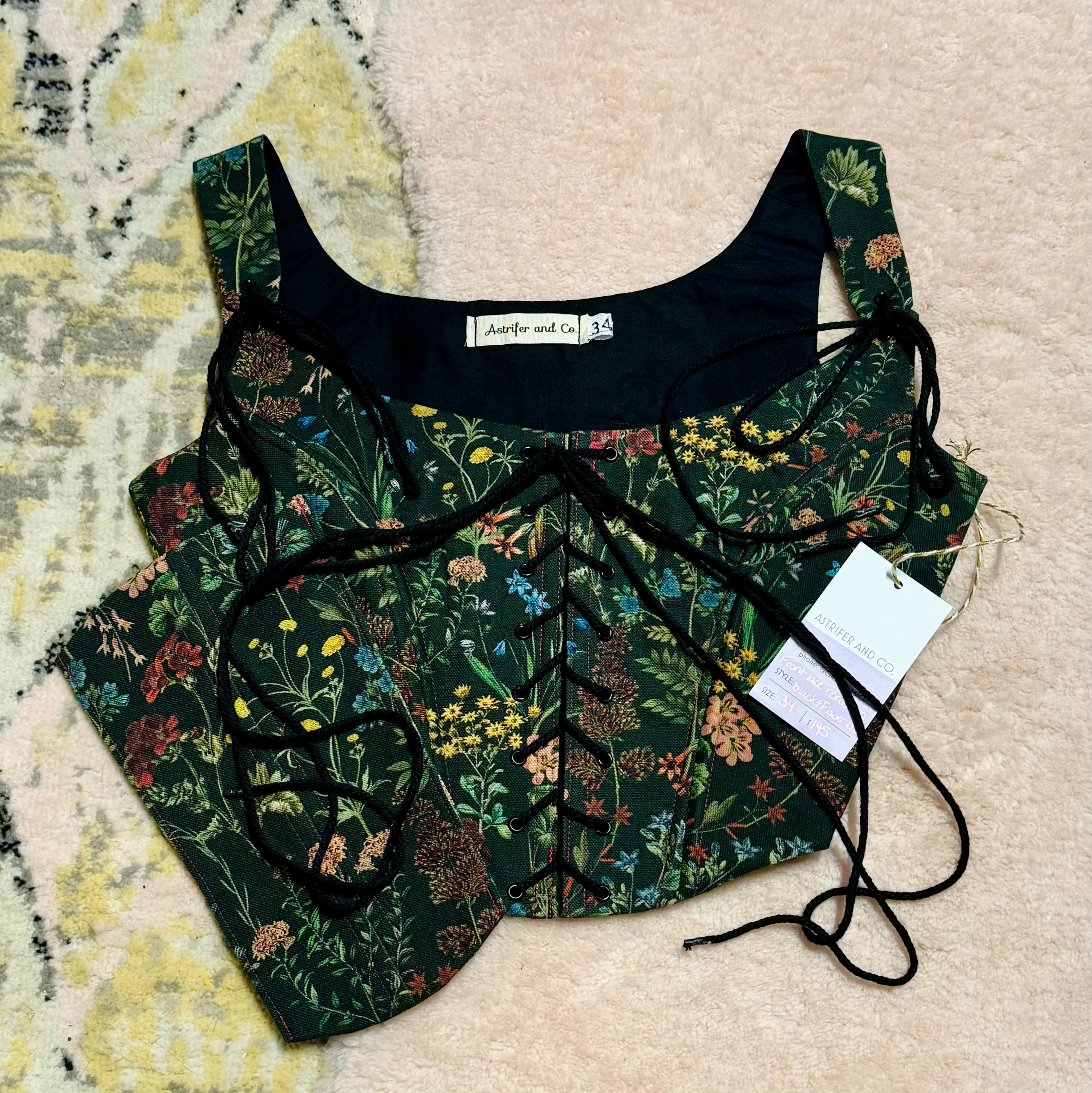 Front Lace Corset in Black and Floral Sprigs