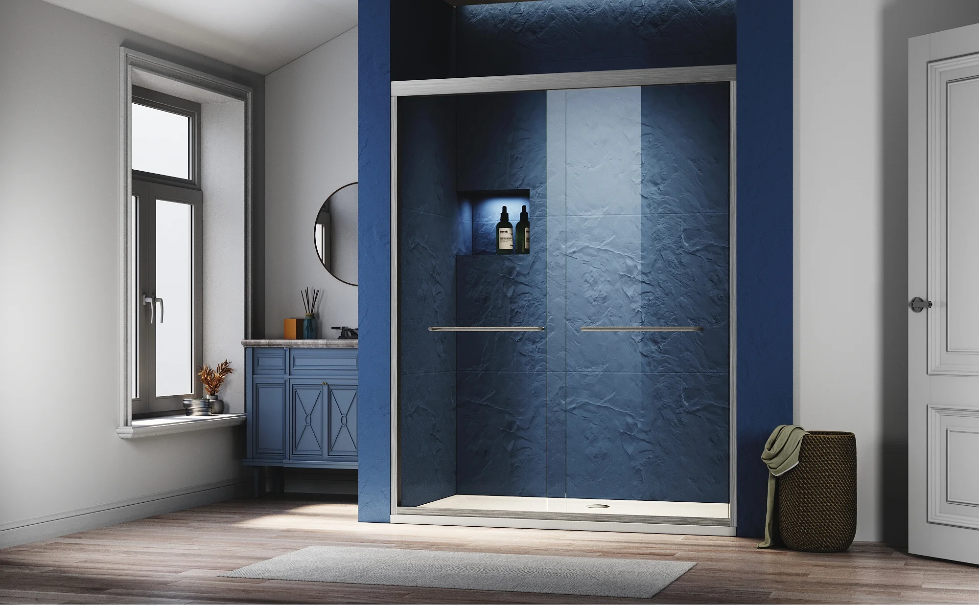 Sliding Shower Glass Door 56-60 in. W x 72 in. H  Adjustable Semi Frameless Shower Door  Certified Thick Clear Clear Tempered Glass  304 Stainless Steel Handles  Brushed Nickel