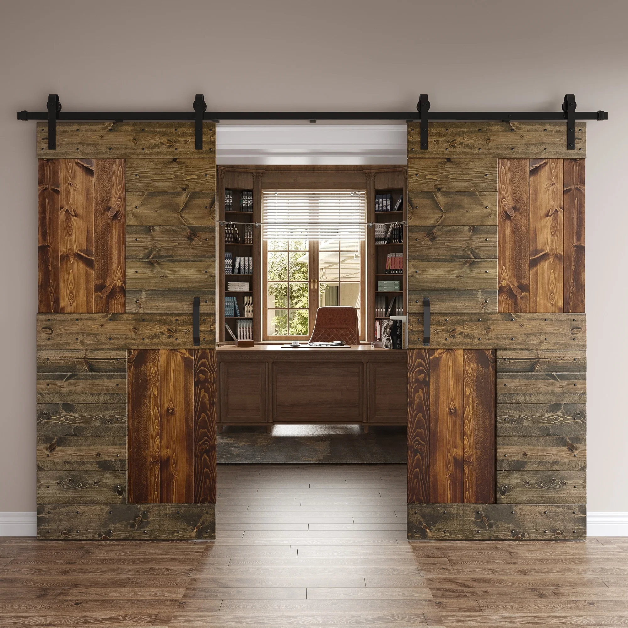 Coast Sequoia Inc Coast Sequoia 48in./60in./72in./84in. x 84in. S Series Multi-Color Pine Wood Double Sliding Barn Door With Hardware Kit Dark