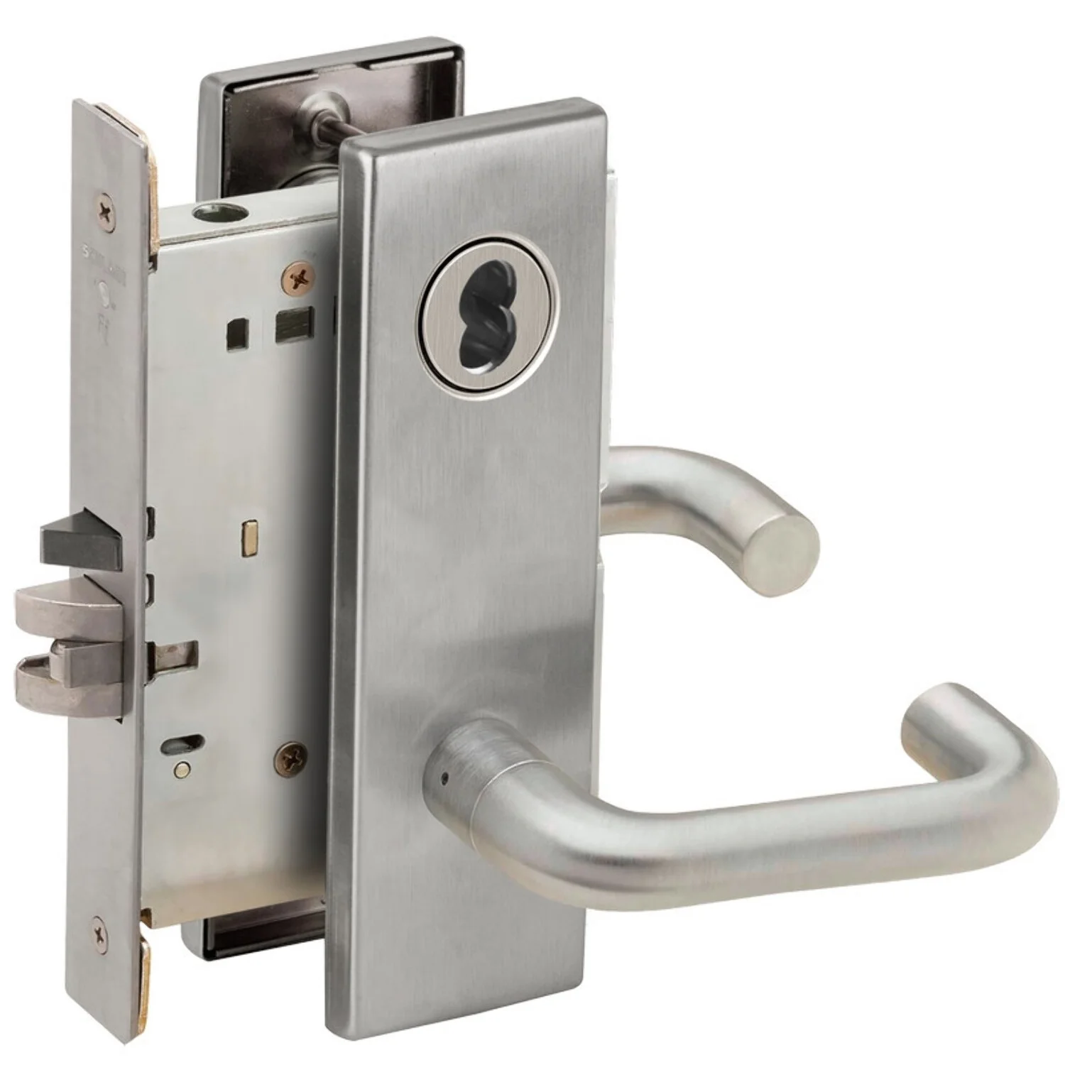 Schlage L9080J 03N 626 Grade 1 Storeroom Mortise Lock Schlage FSIC Less Core 03 Lever N Escutcheon Satin Chrome Finish Field Reversible