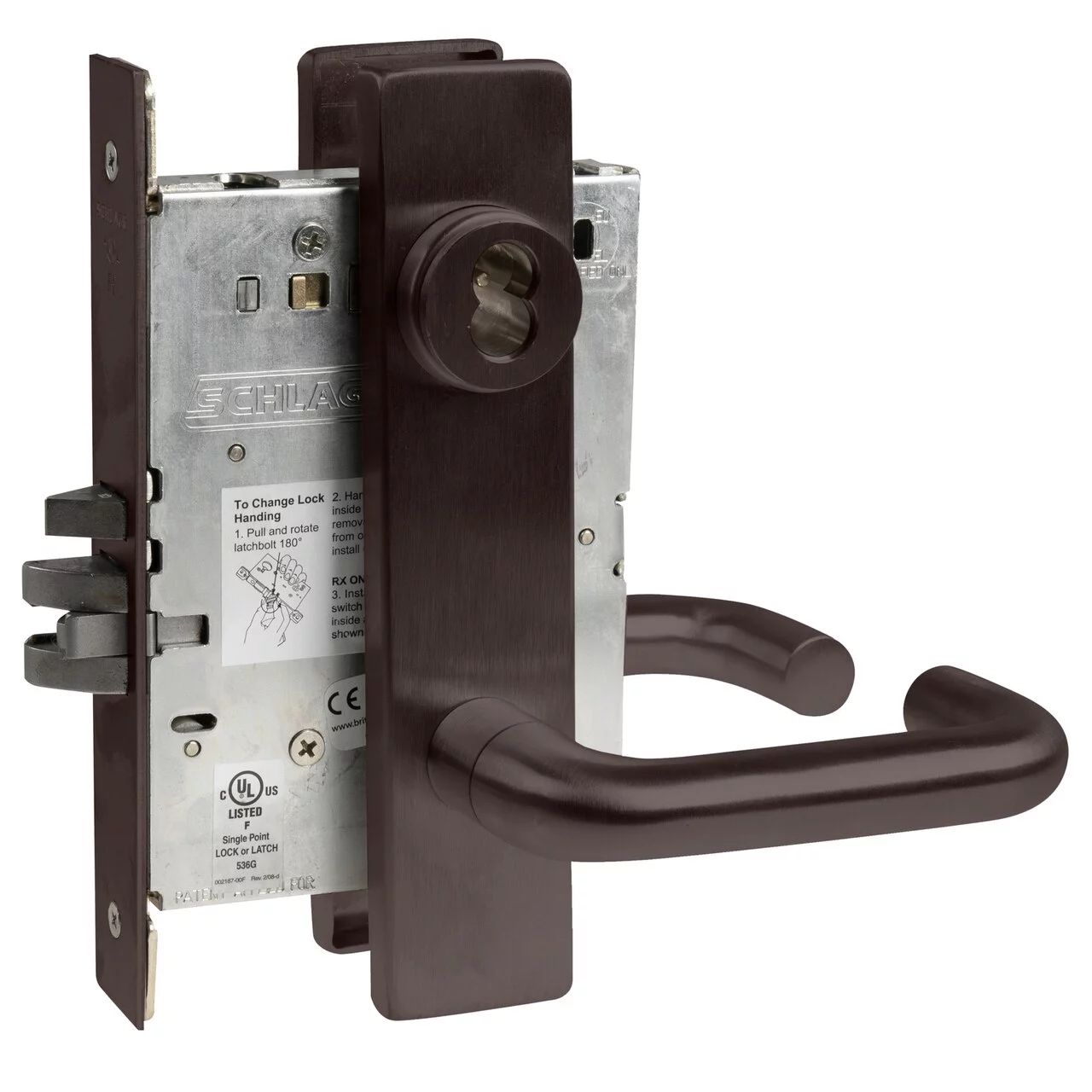 Schlage L9080J 03L 613 Grade 1 Storeroom Mortise Lock Schlage FSIC Less Core 03 Lever L Escutcheon Dark Oxidized Satin Bronze Oil Rubbed Finish Field Reversible