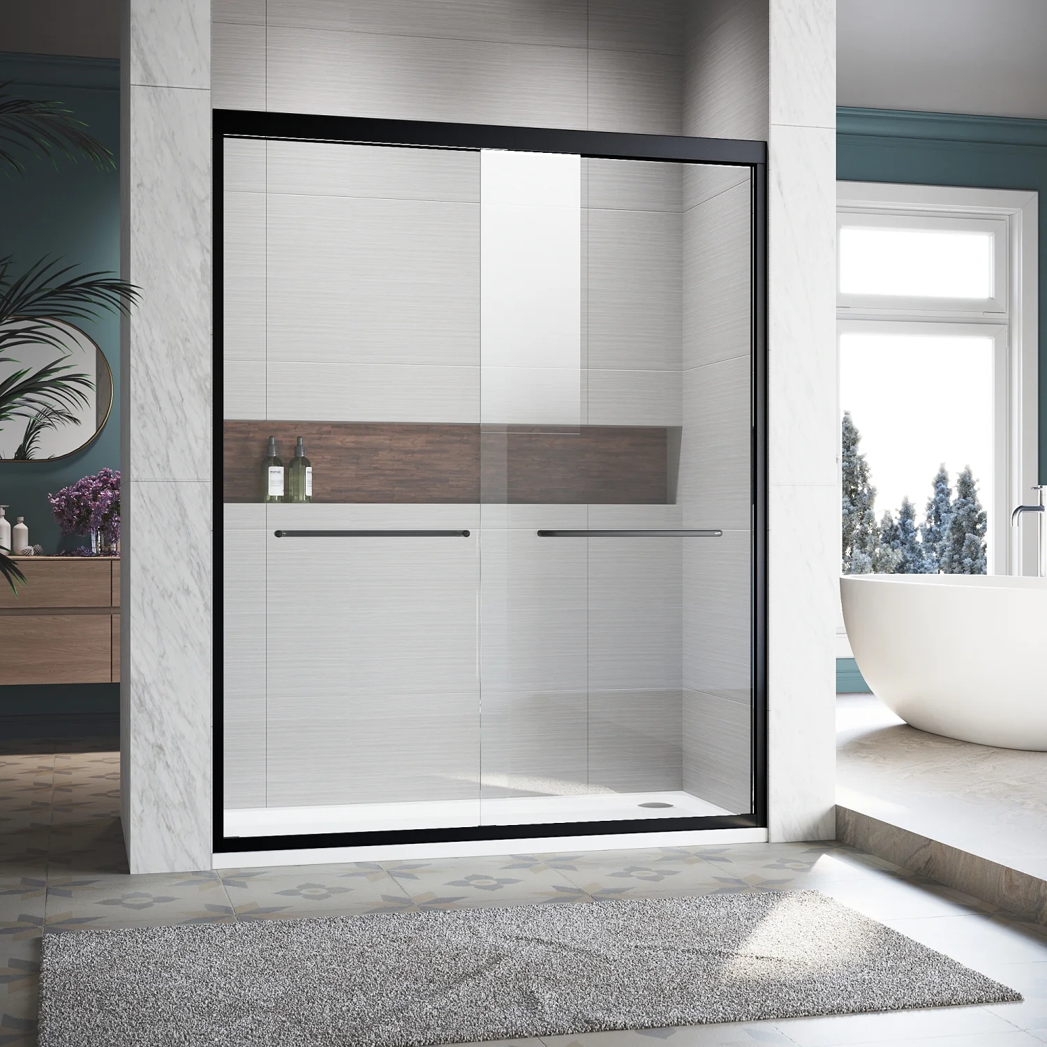Sliding Shower Glass Door 44-48 in. W x 72 in. H  Adjustable Semi Frameless Shower Door  Certified Thick Clear Clear Tempered Glass  304 Stainless Steel Handles  Black Finish