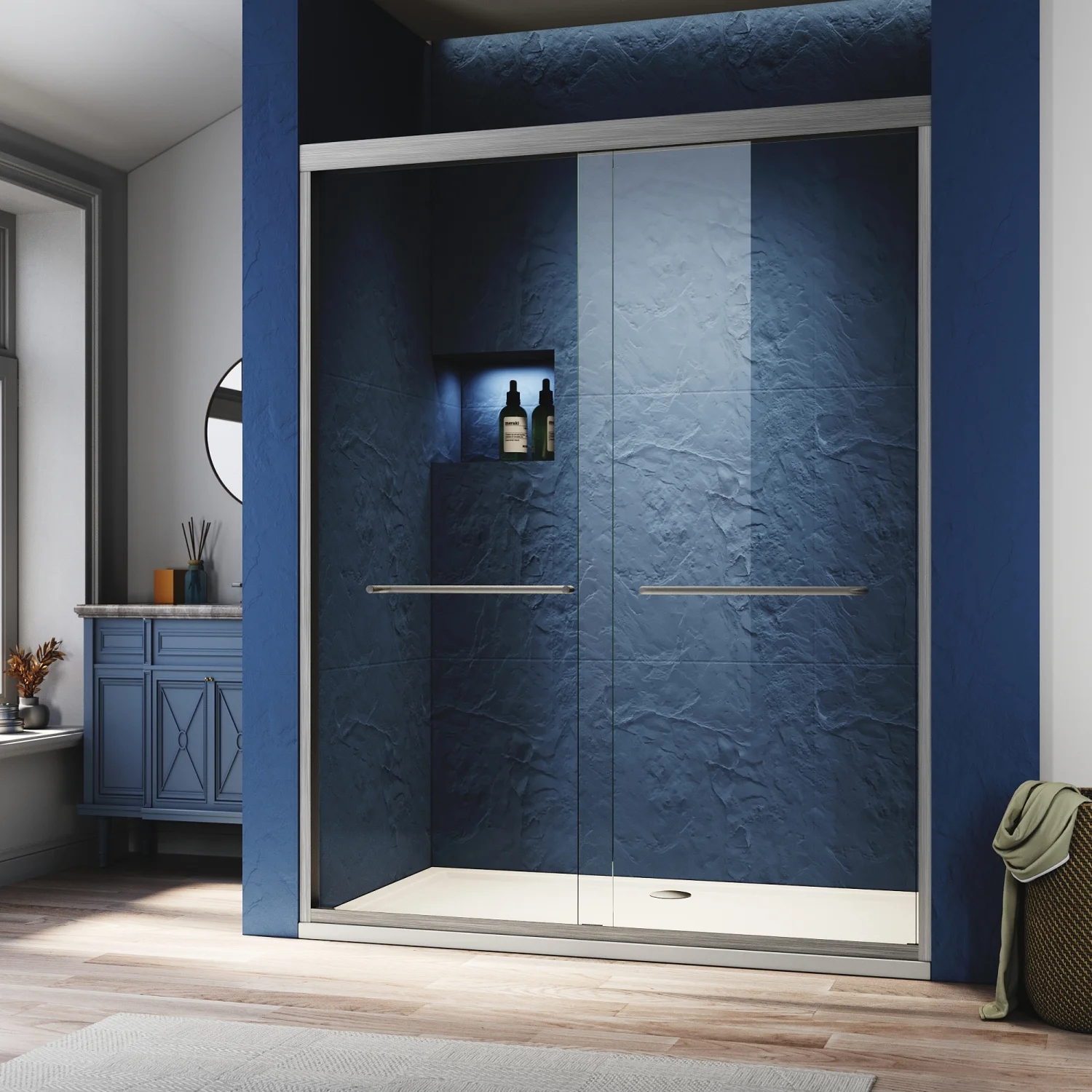 Certified Adjustable Thick Clear Tempered Glass Semi Frameless Sliding Shower Glass Door with Brushed Nickel Finish  304 Stainless Steel Handles - 56-60 in. W x 72 in. H