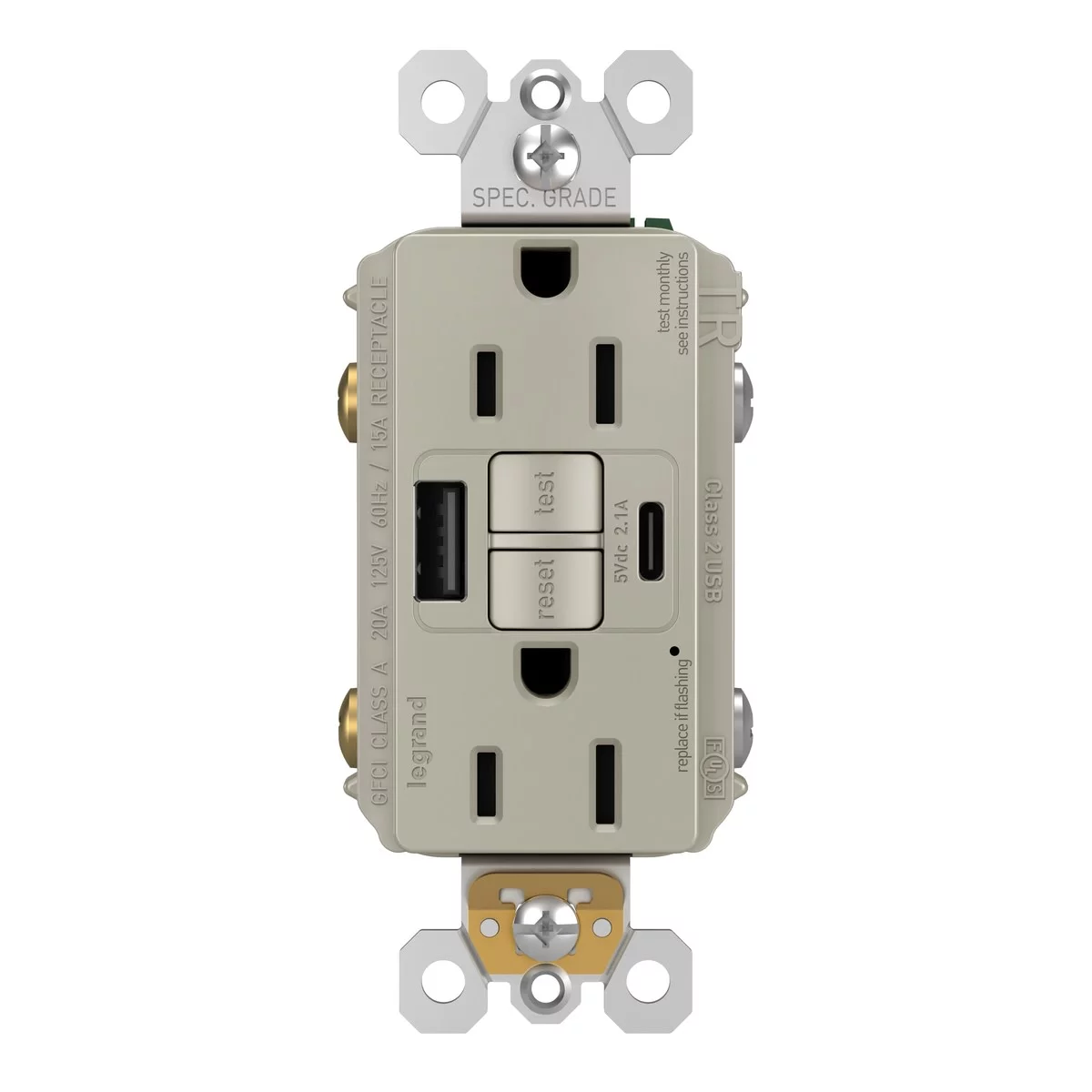 Legrand 1597TRUSBACNIC4 Pass & Seymour Radiant 15A Tamper-Resistant Self-Test GFCI USB Type-A/C Outlet, Nic - Quantity 1