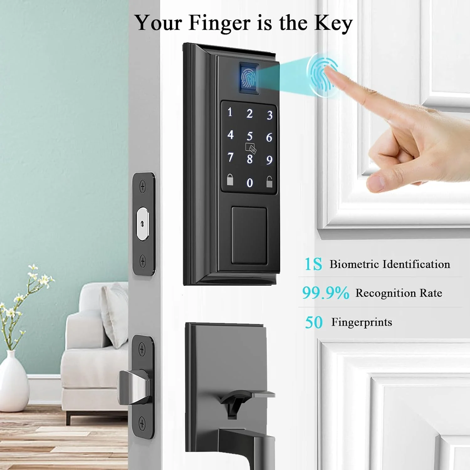 YANRUI Smart Lock with Front Door Handle Set, Keyless Entry Door Lock Deadbolt Smart Locks for Front Door, Fingerprint Electronic Door Lock, via Bluetooth App/WiFi(Need Gateway) Control, Matte Black