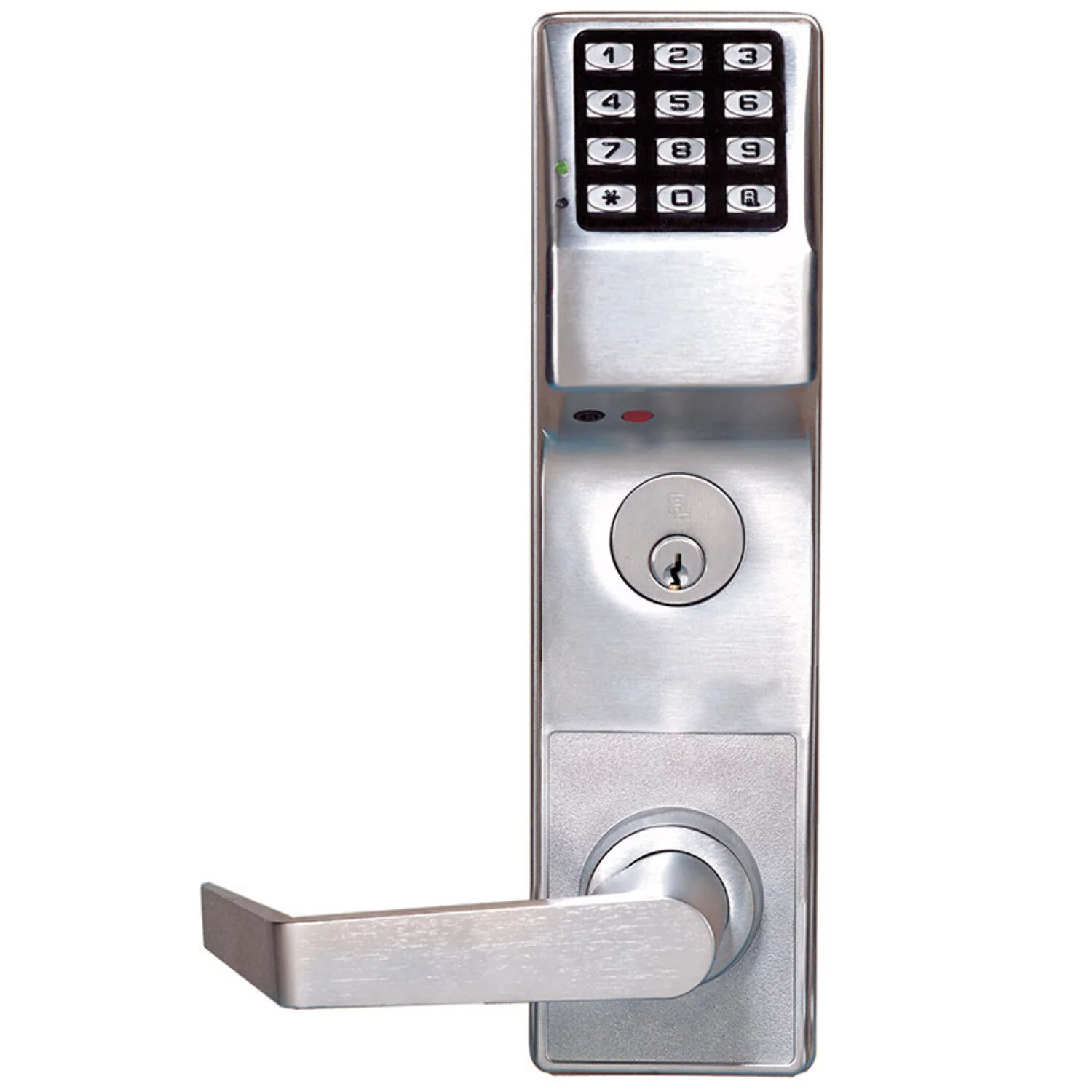Alarm Lock DL3500DBL US26D Pushbutton Mortise Lock with Deadbolt 300 Users 40000 Event Audit Trail Weatherproof Straight Lever Left Hand or Right Hand Reverse Satin Chrome