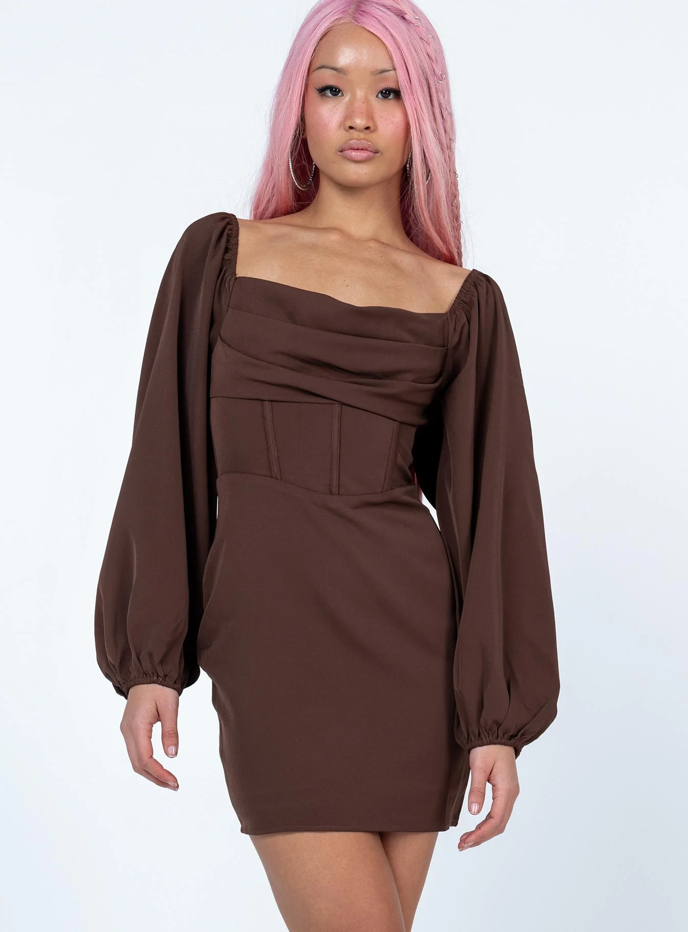 Lillie Long Sleeve Mini Dress Brown