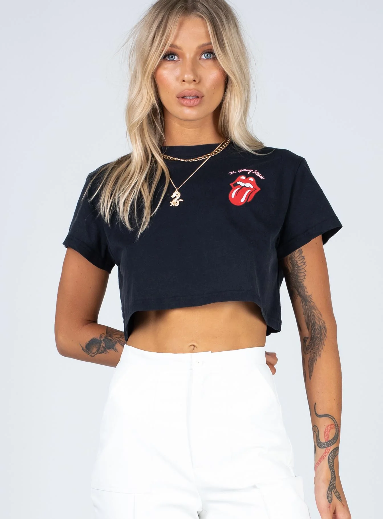 Rolling Stones Many Tongues Crop Tee Black